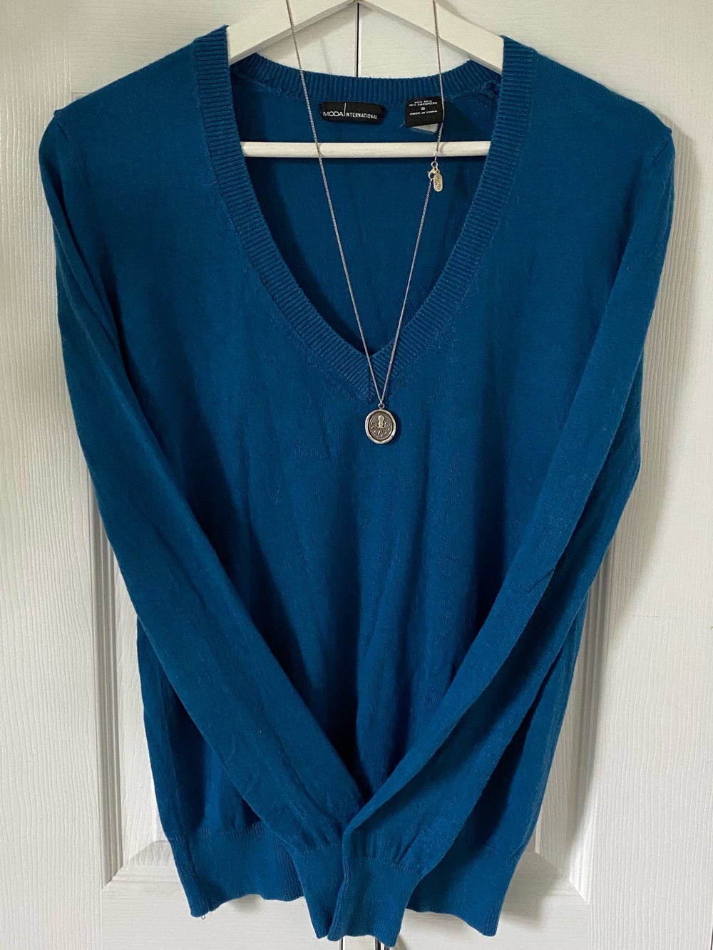 MODA International Silk Cashmere Teal V-Neck Sweater Size Small